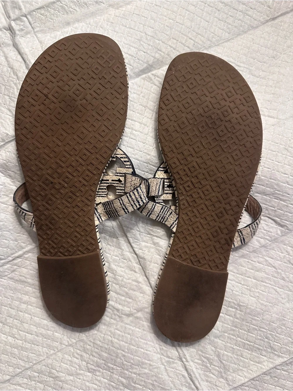 Tory Burch Off White/Blue Striped Snake Leather Miller Gold Metal Sandals 8.5